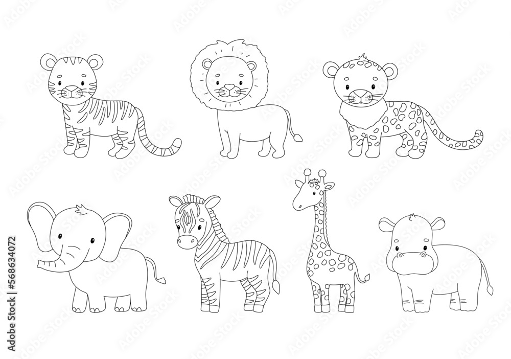 Cute giraffe, tiger and elephant in line style. Drawing african baby wild animal isolated on white background. Vector set sweet outline illustration for childish coloring book.
