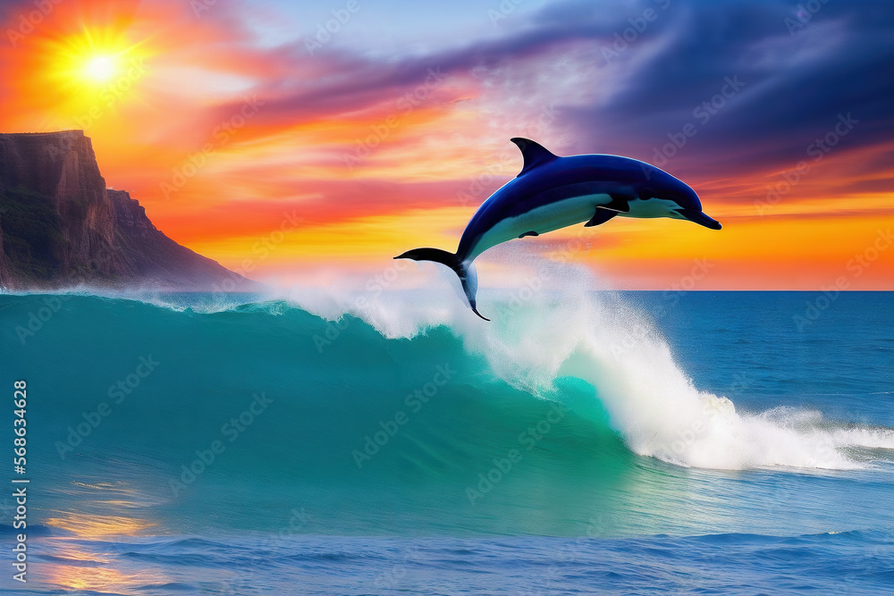 Sunset Waves Crashing as Dolphin Leaps into Air Generative AI Art Illustration