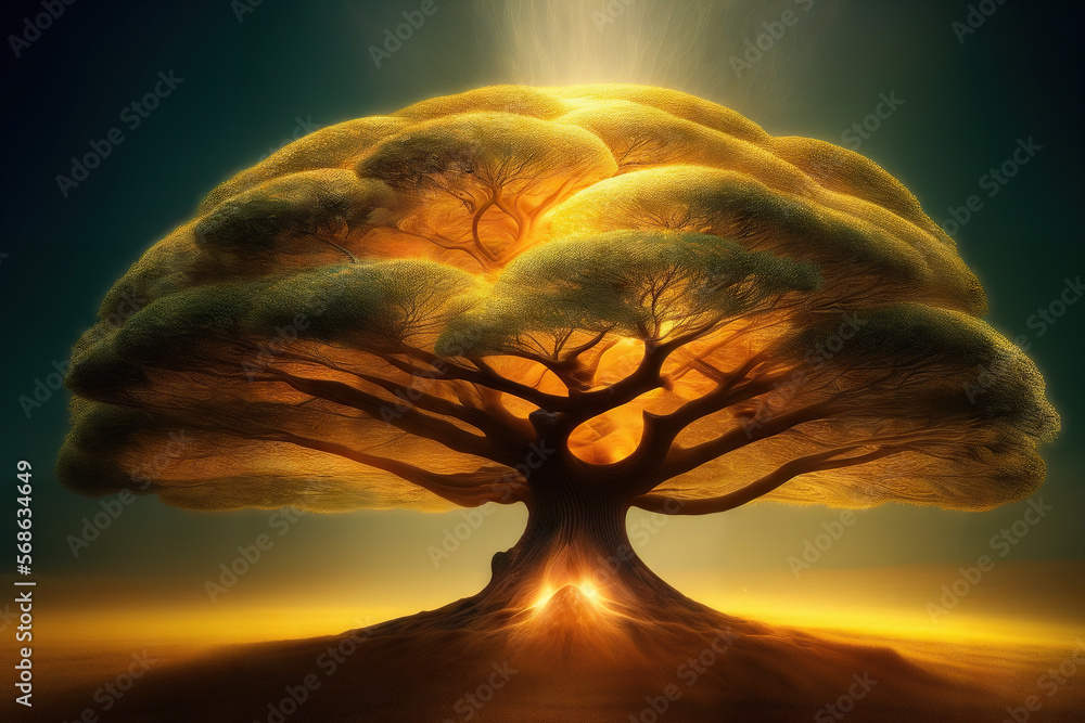 Radiant Tree of Life With Golden Aura of Vitality Generative AI Art Illustration - obrazy, fototapety, plakaty 