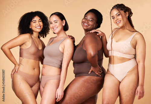 Papier peint Diversity, happy woman and body portrait of group together for inclusion, skin beauty and power