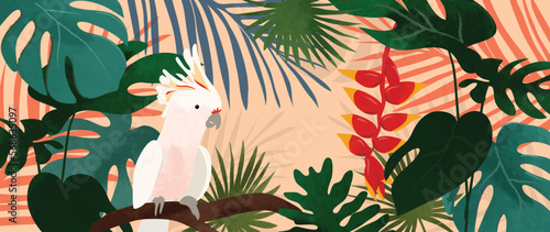 Colorful tropical background vector illustration. Jungle plants, palm leaves, exotic summertime style with cockatoo bird and watercolor texture. Contemporary design for home decoration, wallpaper.