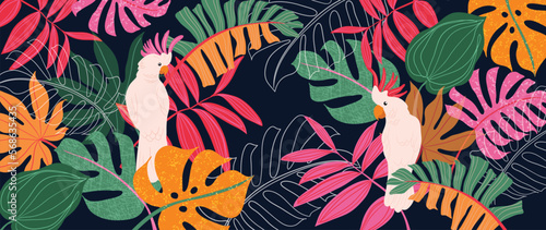 Colorful tropical leaves background vector illustration. Jungle monstera palm leaves  exotic spring summer style with hornbills and grunge texture. Contemporary design for home decoration  wallpaper.