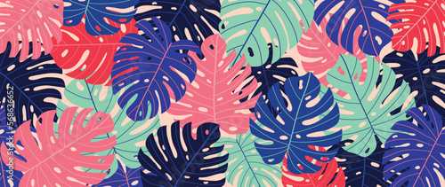 Colorful tropical leaves background vector illustration. Abstract botanical palm leaves pattern, exotic vibrant summer style with grunge texture. Contemporary design for home decoration, wallpaper.
