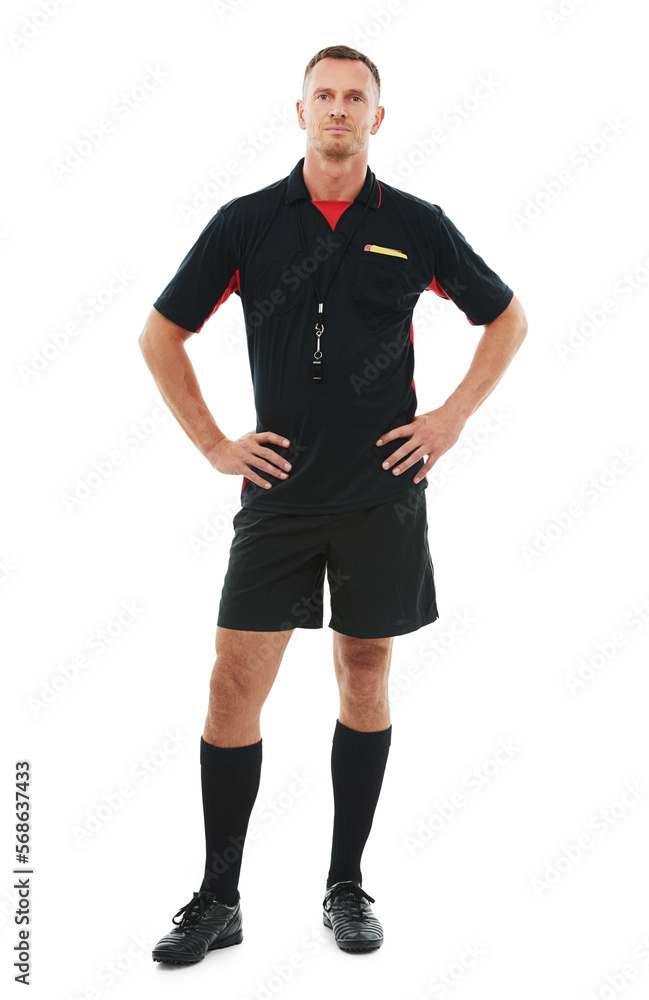 Fototapeta premium Sports, portrait and male referee in a studio posing with sportswear for a soccer match or training. Fitness, exercise and full body of man coach ready for football game isolated by white background.