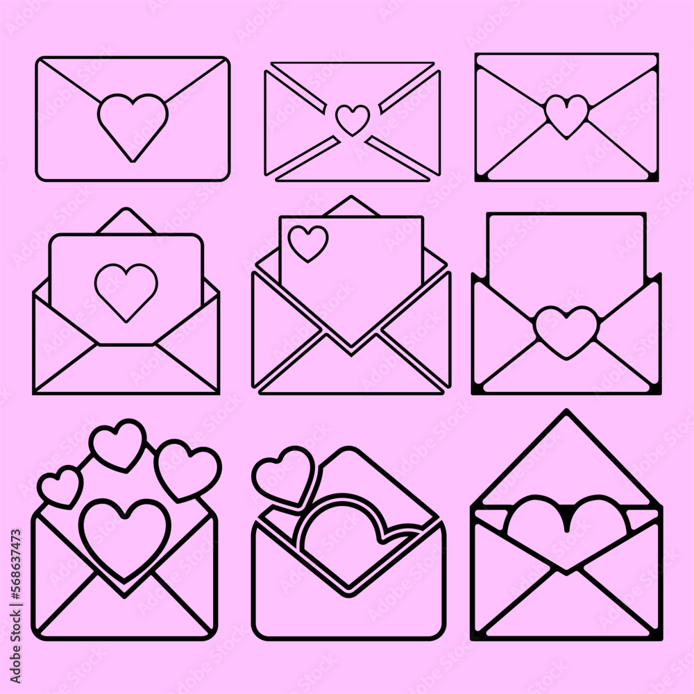 Love letter outline vector illustration. Love letter icon design element. Set of envelope with heart graphic resource. Valentine envelope collection Love letter outline vector illustration. Love letter icon design element. Set of envelope with heart graphic resource. Valentine envelope collection