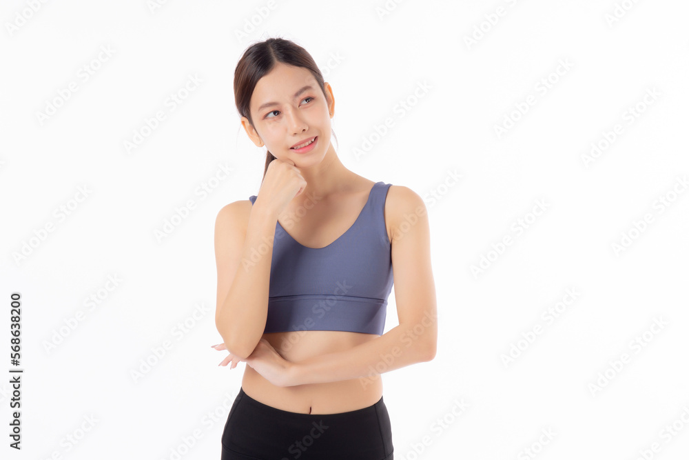 Portrait of beautiful young asian woman in sportwear smile and thinking isolated on white background, sport and exercise for health and weightloss, female and slimming with confident and wellness. Portrait of beautiful young asian woman in sportwear smile and thinking isolated on white background, sport and exercise for health and weightloss, female and slimming with confident and wellness.