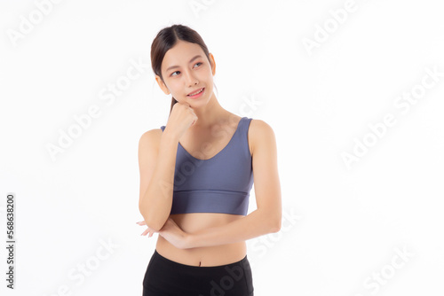Portrait of beautiful young asian woman in sportwear smile and thinking isolated on white background, sport and exercise for health and weightloss, female and slimming with confident and wellness.