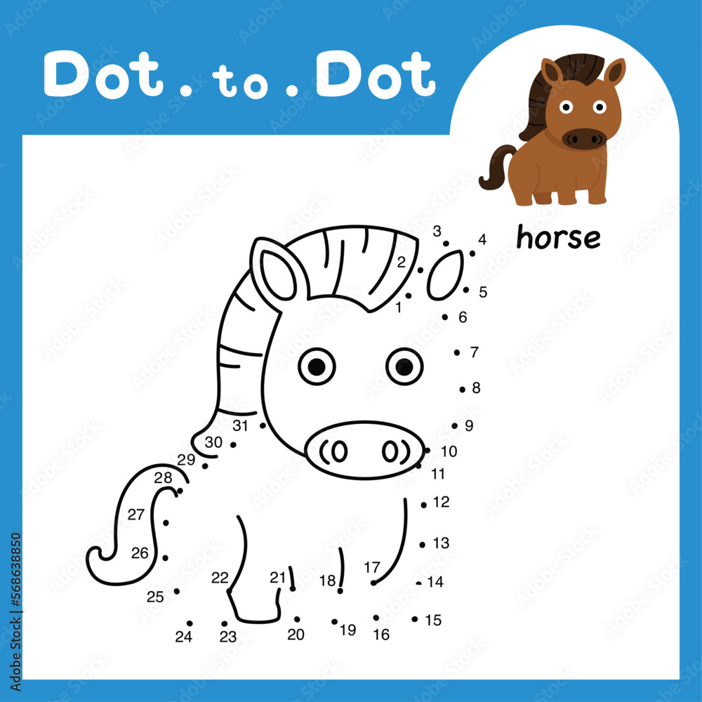 Dot to dot educational game and coloring book of horse animal cartoon
