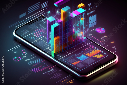 Wallpaper Mural Application of Smartphone with business graph and mobile phone analytics data on an isometric mobile phone. Analysis trends and software development coding process concept,  Generative AI	 Torontodigital.ca