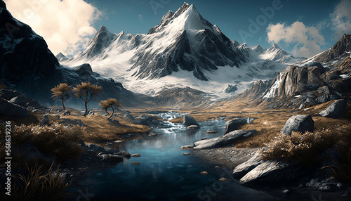 Mountain with River scenery. Beautiful. Generative AI.