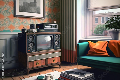 Contemporary living room with 70s-80s theme decoration created with Generative AI technology. © Mohamad Zaki