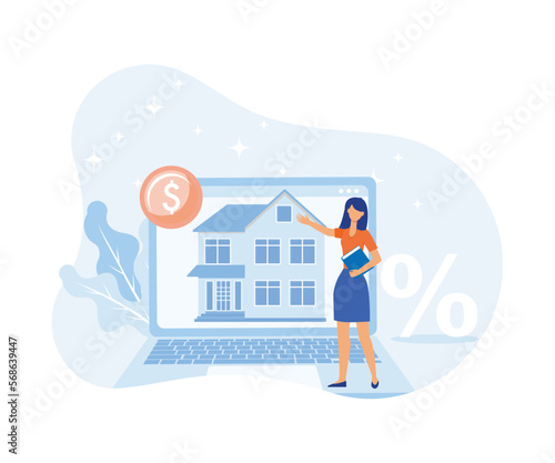 Mortgage process illustration . People buying property with mortgage. Characters getting bank approval, reading contact and legal documents and receiving house keys. flat vector illustration