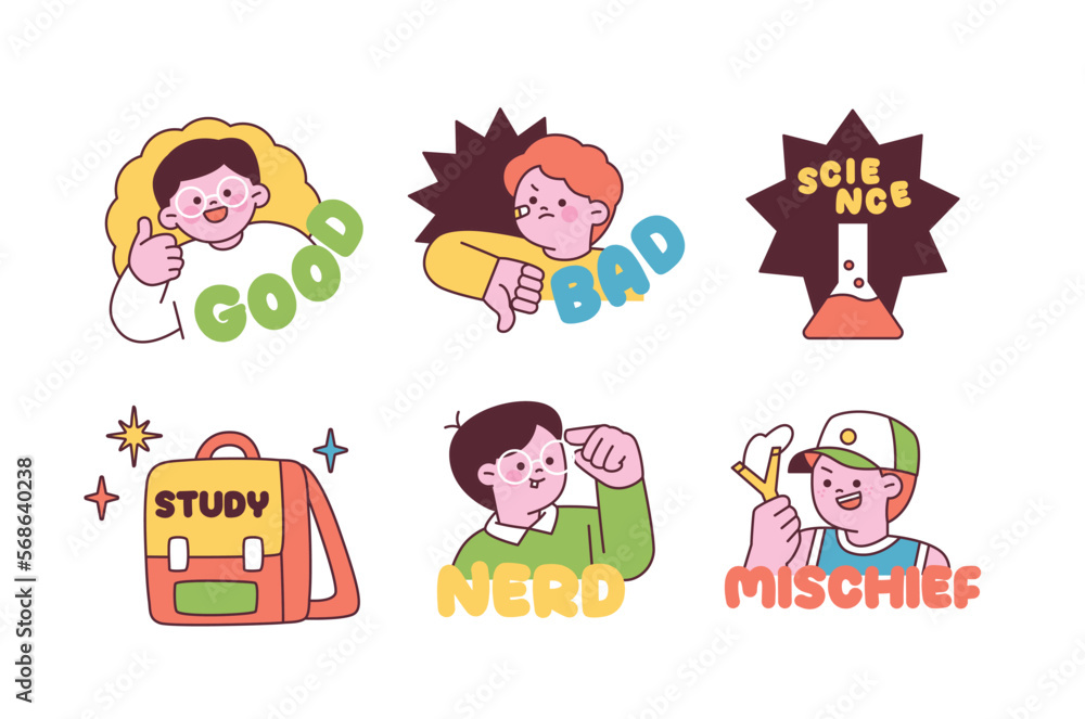 Fototapeta premium Cute student stickers. Message emoticons for emotes and lessons.