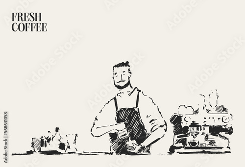 The barista makes coffee in the coffeehouse, hand drawn illustration