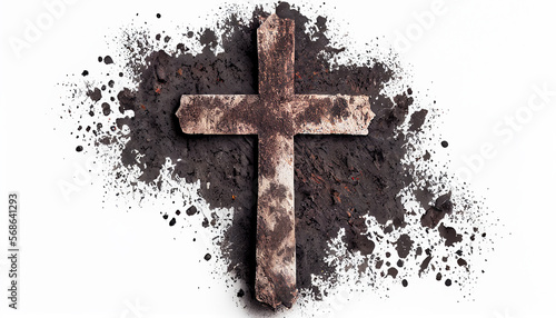 Ash Lent Wednesday, a crucifix made of ash, and dust as isolated on white background.Christian religion. Lent beginning. Generative AI.