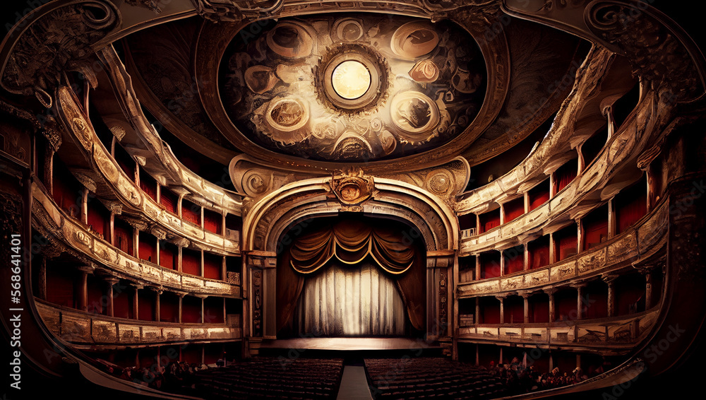 Fototapeta premium theater stage with red curtains, columns and a spotlight in center. Theatre interior empty wooden scene, luxury decoration and light beams fall on floor, Generative AI