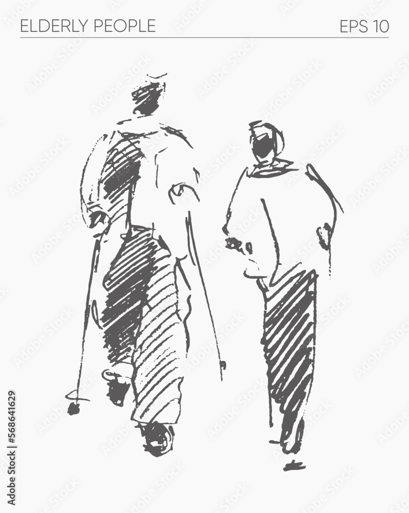 Elderly people walking together, hand drawn vector illustration