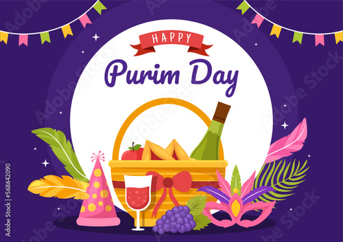 Happy Purim Illustration with Carnival Masks, Jewish Holiday and Funfair in Flat Cartoon Hand Drawn for Web Banner or Landing Page Templates © denayune