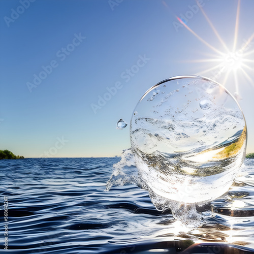 A big bubble splash of transparent clear water floats on the water's surface On a bright sunny day. AI-generated landscape liquid bubble. 