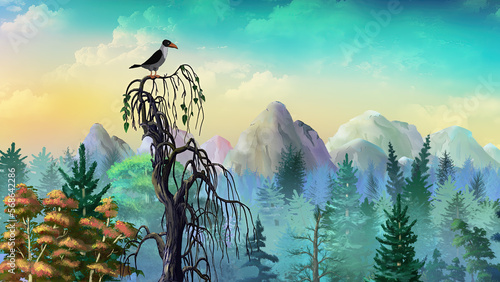 Crow on top of a tree illustration