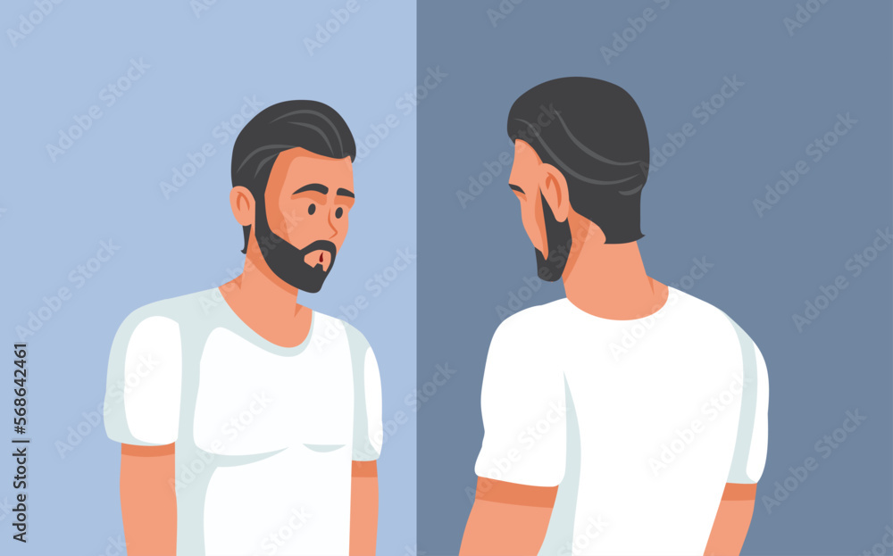 Young Man Feeling Insecure Looking in the Mirror Vector Illustration. Handsome guy worried about the his physical appearance 
