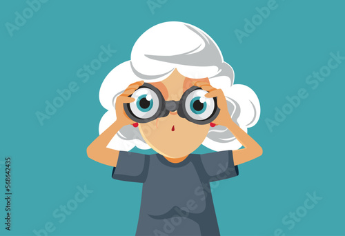 Curious Senior Woman Spying with Binoculars Funny Cartoon Illustration. Sneaky nosy grandma watching everything from afar
 photo