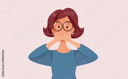 Funny Woman Covering her Mouth to Keep Secrets Vector Cartoon Illustration. Polite lady reacting in shock to a astonishing news 
