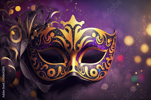 Venetian mask in purple and gold colors with bohke background