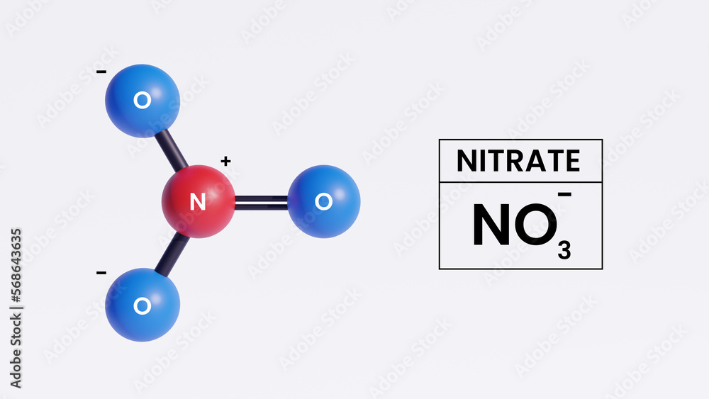 Nitrate anion molecule (no3-). Chemical formula and structure. 3d ...