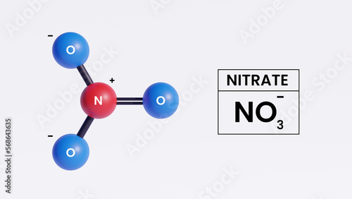 Nitrate anion molecule (no3-). Chemical formula and structure. 3d illustration design.