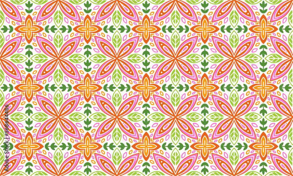 Ethnic Abstract Background cute Pink Orange Green Flower geometric tribal folk Motif oriental native pattern traditional design carpet wallpaper clothing fabric wrapping print batik folk knit vector