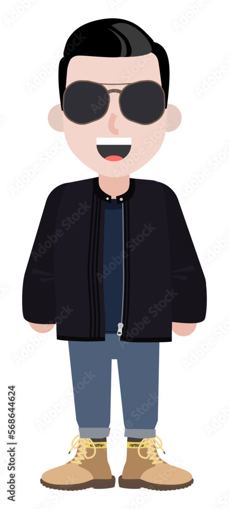 Young male cartoon character in leather jacket and glasses