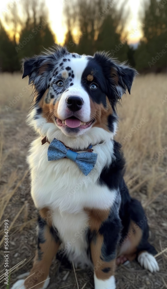 Stylish Humanoid Gentleman Dog in a Formal Well-Made Bow Tie at a Business Dance Party Ball Celebration - Realistic Portrait Illustration Art Showcasing Cute and Cool Australian Shepherd generative AI