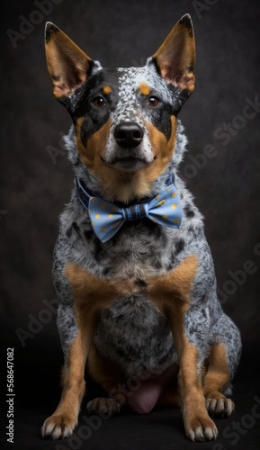Stylish Humanoid Gentleman Dog in a Formal Well-Made Bow Tie at a Business Dance Party Ball Celebration-Realistic Portrait Illustration Art Showcasing Cute and Cool Australian Cattle Dog generative AI