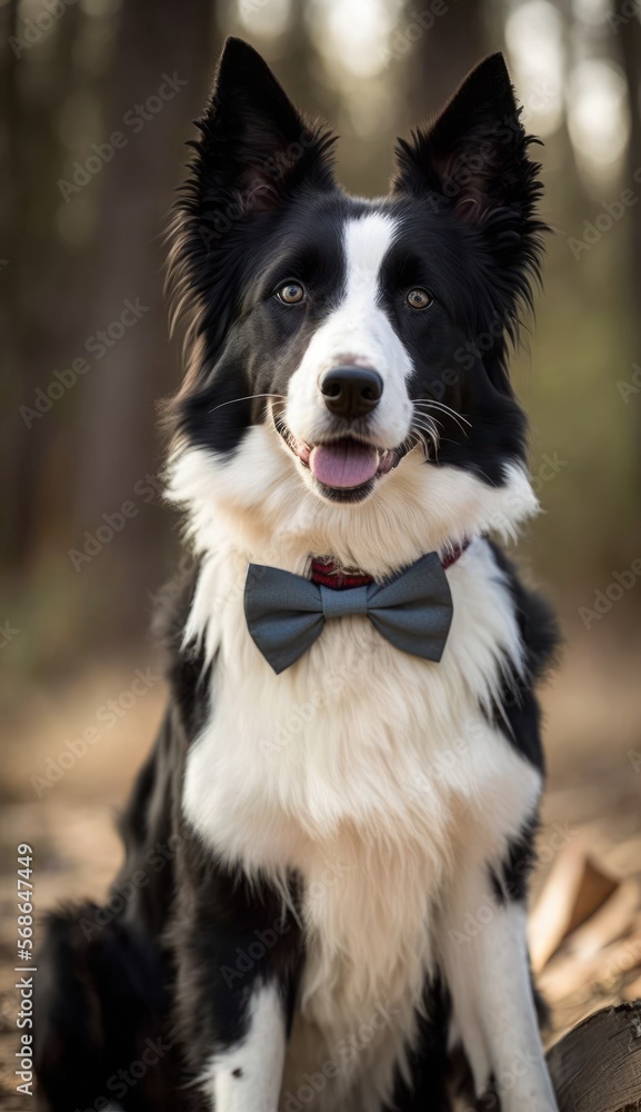 Stylish Humanoid Gentleman Dog in a Formal Well-Made Bow Tie at a Business Dance Party Ball Celebration - Realistic Portrait Illustration Art Showcasing Cute and Cool Collie  (generative AI)
