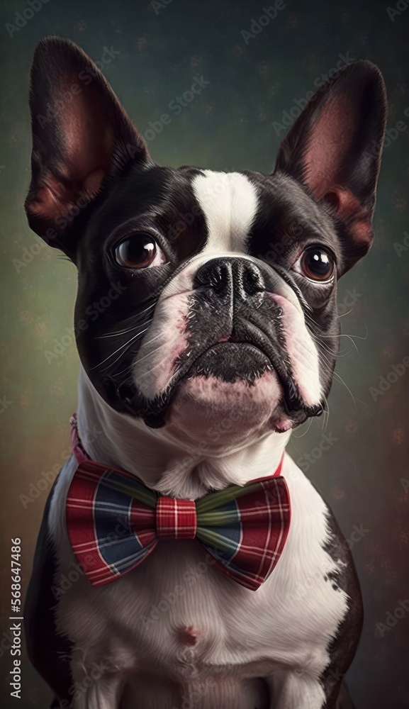 Stylish Humanoid Gentleman Dog in a Formal Well-Made Bow Tie at a Business Dance Party Ball Celebration - Realistic Portrait Illustration Art Showcasing Cute and Cool Boston Terrier  (generative AI)