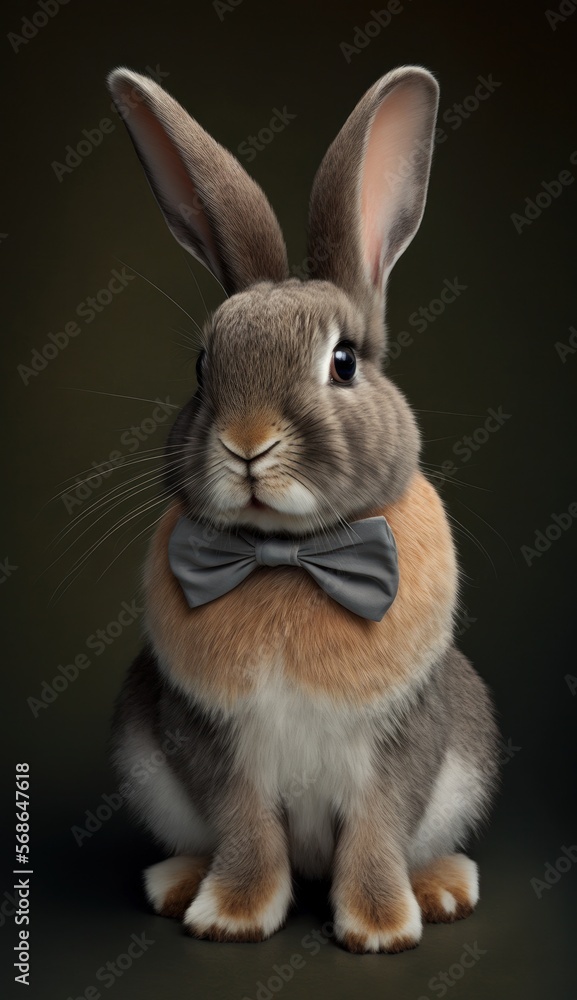 Fototapeta premium Stylish Humanoid Gentleman Animal in a Formal Well-Made Bow Tie at a Business Dance Party Ball Celebration - Realistic Portrait Illustration Art Showcasing Cute and Cool bunny (generative AI)