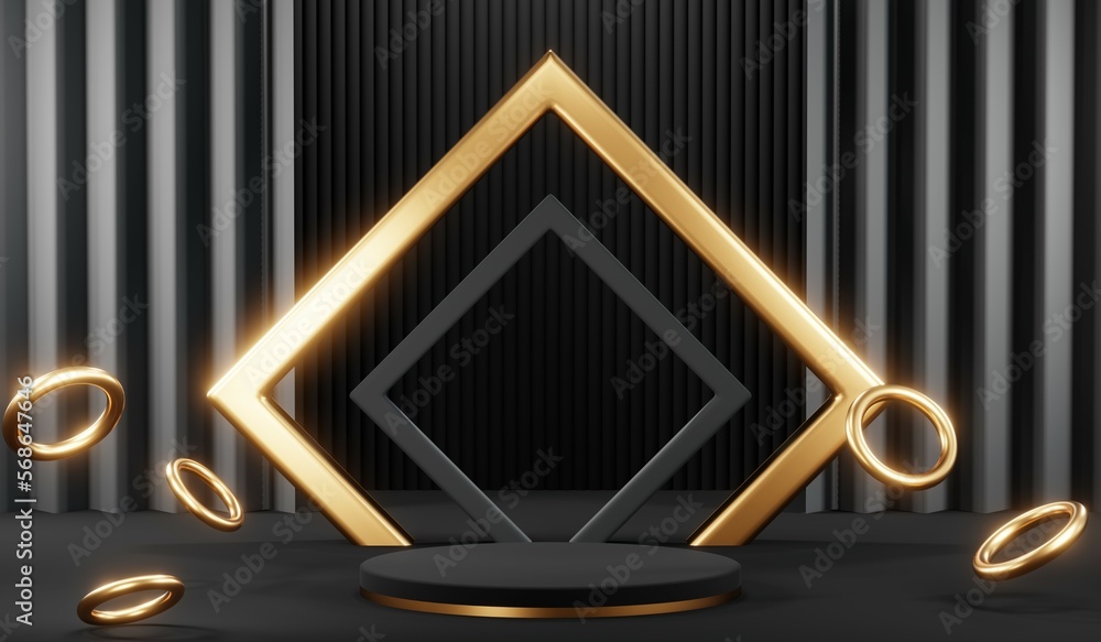 3d render black podium background showcases a premium, minimal and modern design with a combination of geometric shapes, golden glitter and a realistic studio room setting, creating a perfect platform 3d render black podium background showcases a premium, minimal and modern design with a combination of geometric shapes, golden glitter and a realistic studio room setting, creating a perfect platform