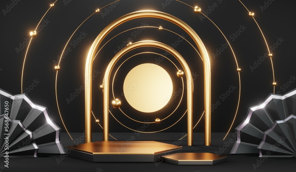 3d render black podium background showcases a premium, minimal and modern design with a combination of geometric shapes, golden glitter and a realistic studio room setting, creating a perfect platform 3d render black podium background showcases a premium, minimal and modern design with a combination of geometric shapes, golden glitter and a realistic studio room setting, creating a perfect platform