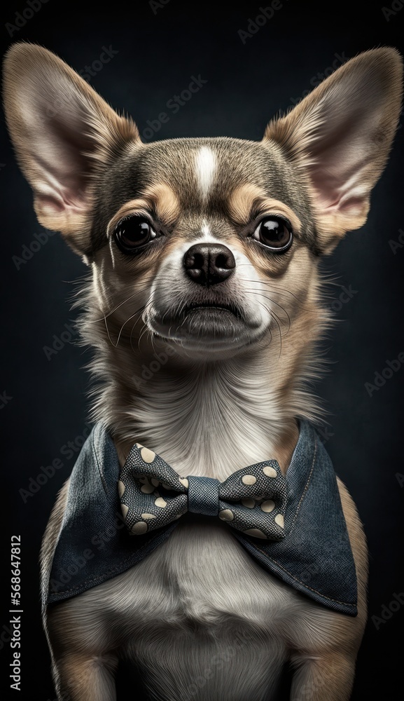 Stylish Humanoid Gentleman Animal in a Formal Well-Made Bow Tie at a Business Dance Party Ball Celebration - Realistic Portrait Illustration Art Showcasing Cute and Cool Chihuahua  (generative AI)
