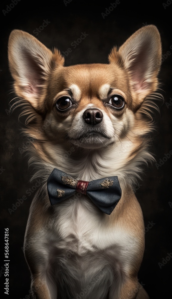 Stylish Humanoid Gentleman Animal in a Formal Well-Made Bow Tie at a Business Dance Party Ball Celebration - Realistic Portrait Illustration Art Showcasing Cute and Cool Chihuahua  (generative AI)