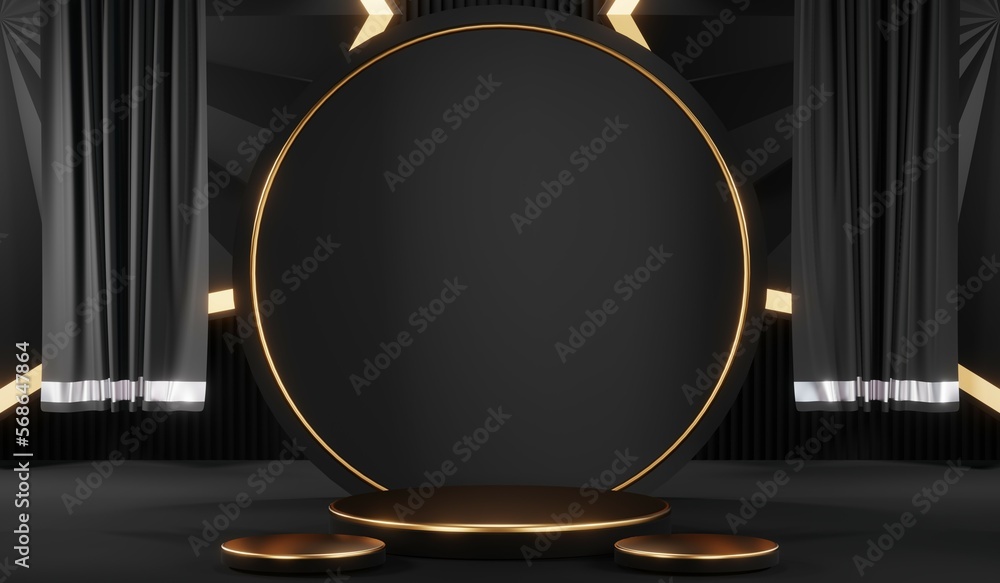 3d render black podium background showcases a premium, minimal and modern design with a combination of geometric shapes, golden glitter and a realistic studio room setting, creating a perfect platform 3d render black podium background showcases a premium, minimal and modern design with a combination of geometric shapes, golden glitter and a realistic studio room setting, creating a perfect platform