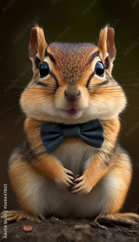Stylish Humanoid Gentleman Animal in a Formal Well-Made Bow Tie at a Business Dance Party Ball Celebration - Realistic Portrait Illustration Art Showcasing Cute and Cool Chipmunk  (generative AI)