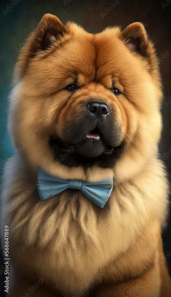 Stylish Humanoid Gentleman Dog in a Formal Well-Made Bow Tie at a Business Dance Party Ball Celebration - Realistic Portrait Illustration Art Showcasing Cute and Cool Chow Chow  (generative AI)