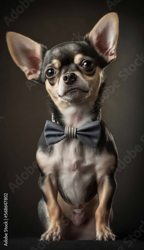 Stylish Humanoid Gentleman Animal in a Formal Well-Made Bow Tie at a Business Dance Party Ball Celebration - Realistic Portrait Illustration Art Showcasing Cute and Cool Chihuahua   generative AI 