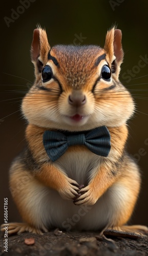 Stylish Humanoid Gentleman Animal in a Formal Well-Made Bow Tie at a Business Dance Party Ball Celebration - Realistic Portrait Illustration Art Showcasing Cute and Cool Chipmunk (generative AI)
