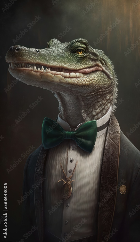 Stylish Humanoid Gentleman Animal in a Formal Well-Made Bow Tie at a Business Dance Party Ball Celebration - Realistic Portrait Illustration Art Showcasing Cute and Cool Crocodile  (generative AI)