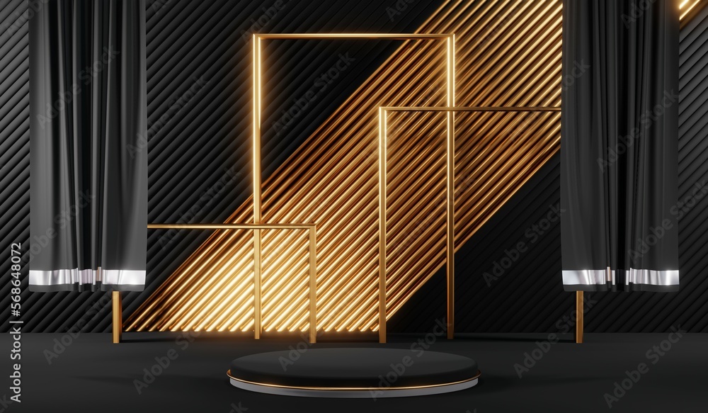 3d render black podium background showcases a premium, minimal and modern design with a combination of geometric shapes, golden glitter and a realistic studio room setting, creating a perfect platform