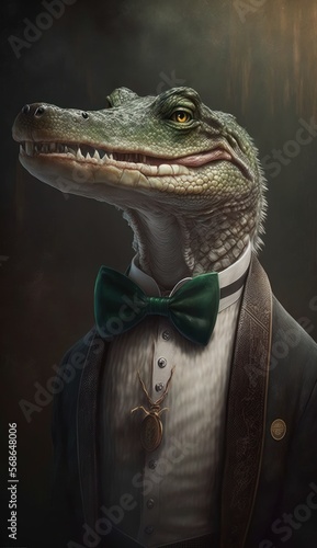 Stylish Humanoid Gentleman Animal in a Formal Well-Made Bow Tie at a Business Dance Party Ball Celebration - Realistic Portrait Illustration Art Showcasing Cute and Cool Crocodile   generative AI 