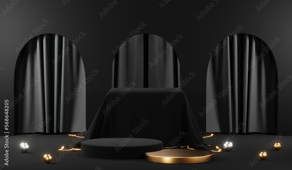 3d render black podium background showcases a premium, minimal and modern design with a combination of geometric shapes, golden glitter and a realistic studio room setting, creating a perfect platform 3d render black podium background showcases a premium, minimal and modern design with a combination of geometric shapes, golden glitter and a realistic studio room setting, creating a perfect platform